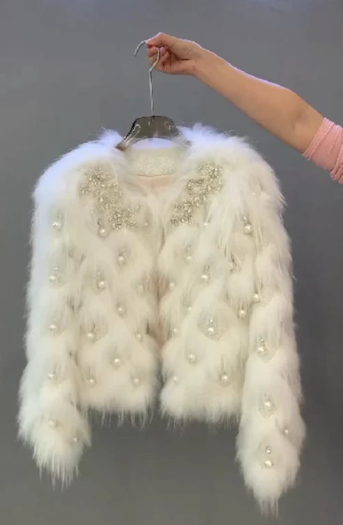 1. Luxury Faux Fur Pearl-Embellished Sweater – White