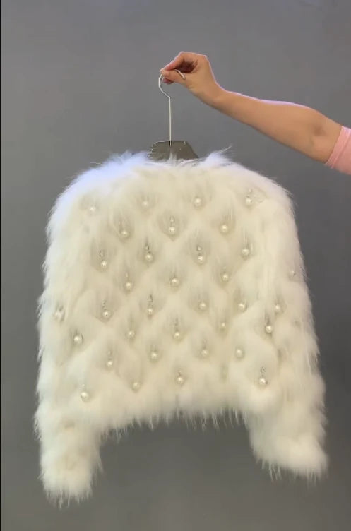 1. Luxury Faux Fur Pearl-Embellished Sweater – White