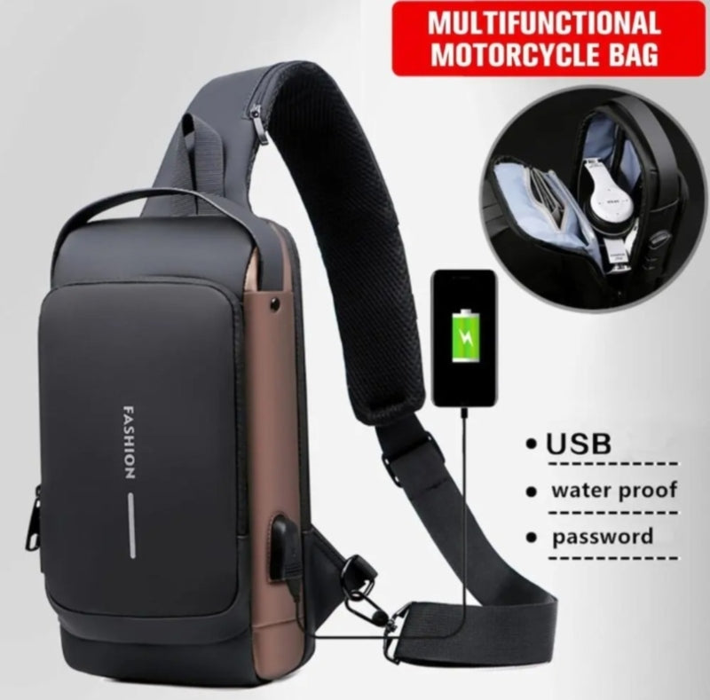 🛵 Multifunctional Anti-Theft Motorcycle Sling Bag with USB Charging